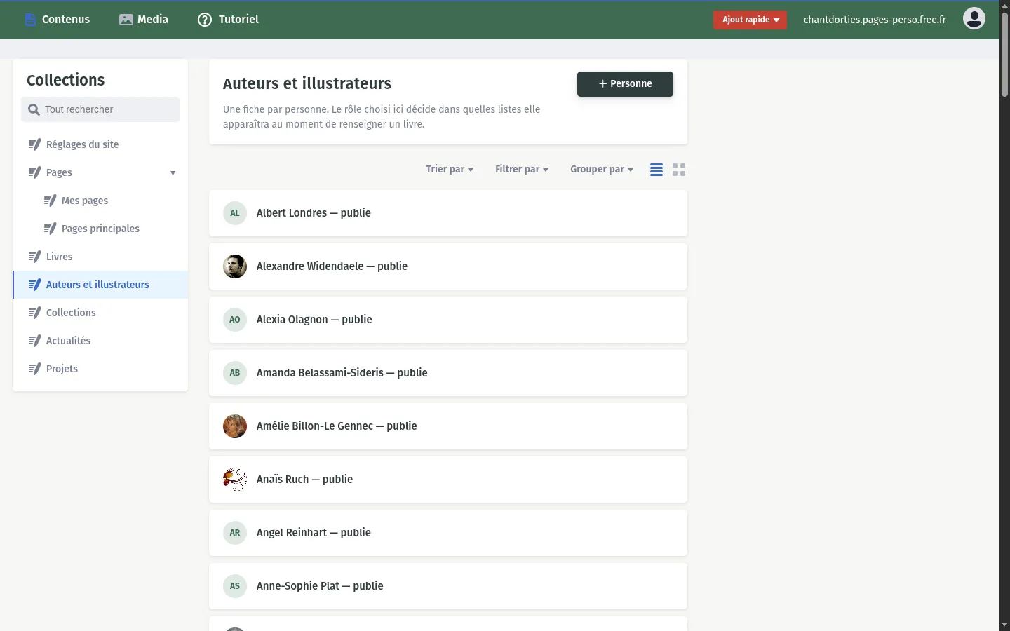 Liste des personnes avec portraits ou initiales