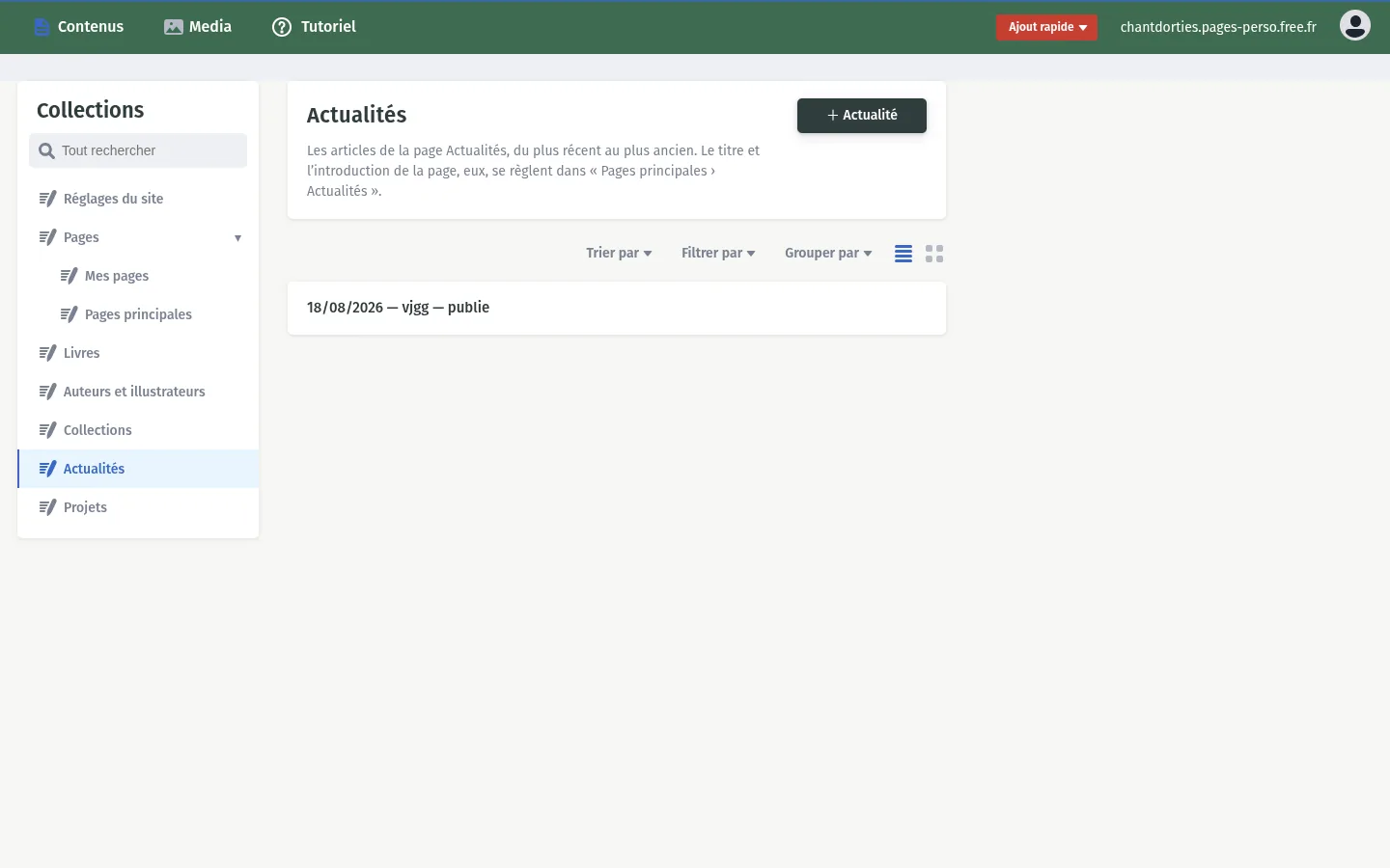 Liste des actualités et bouton d’ajout