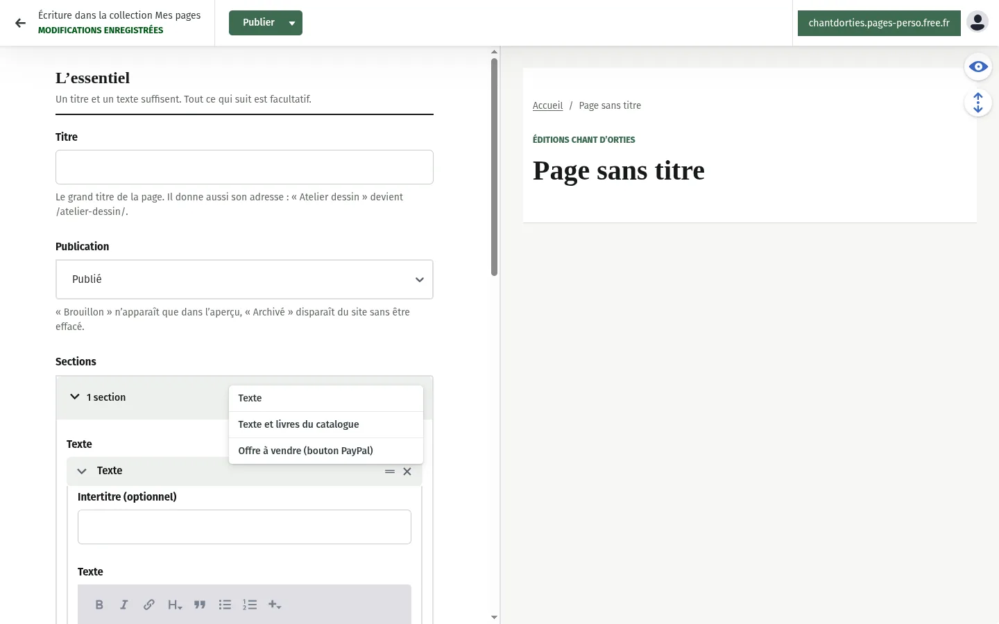 Formulaire d’une nouvelle page avec une section Texte déjà ouverte