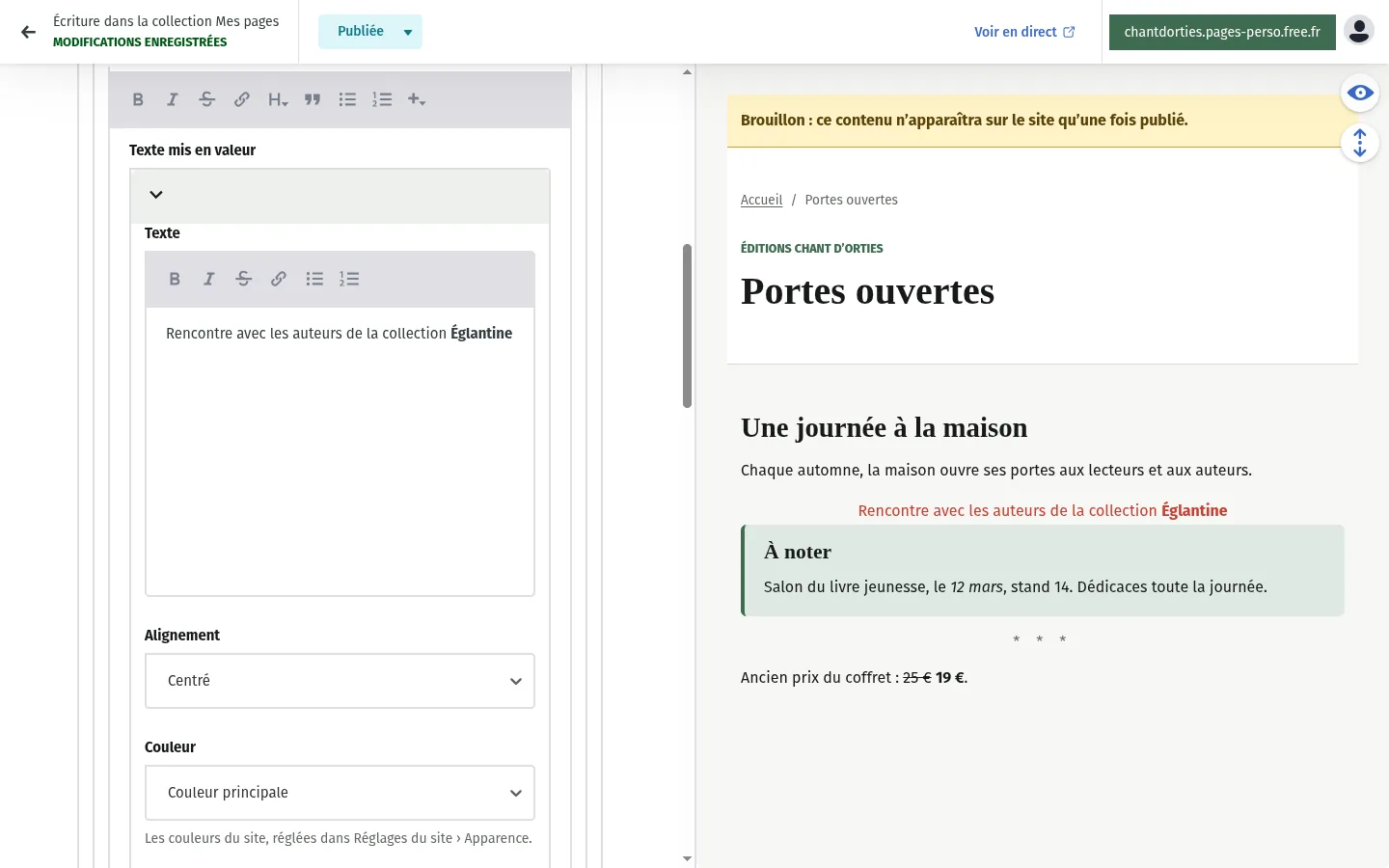 Un bloc Texte mis en valeur, centré en couleur principale, et à droite l’aperçu avec le texte coloré, un encadré « À noter » et un séparateur en trois étoiles